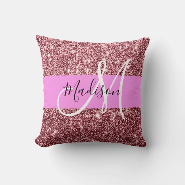 Glam Blush Pink Rose Gold Glitter Sparkle Monogram Cushion (Front)