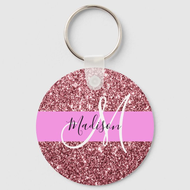 Glam Blush Pink Rose Gold Glitter Sparkle Monogram Key Ring (Front)
