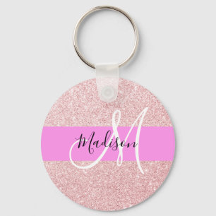 Glam Blush Pink Rose Gold Glitter Sparkle Monogram Key Ring