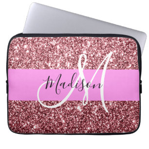 Glam Blush Pink Rose Gold Glitter Sparkle Monogram Laptop Sleeve
