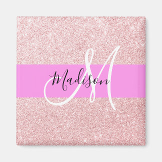 Glam Blush Pink Rose Gold Glitter Sparkle Monogram Magnet