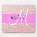 Glam Blush Pink Rose Gold Glitter Sparkle Monogram Mouse Pad<br><div class="desc">Girly and glam blush pink rose gold glitter sparkles white monogram name and initial mouse pad. Your custom name and monogram are written in an elegant hand lettered script with a pink background. A perfect birthday or Christmas gift!</div>