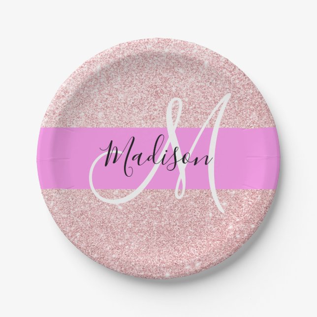 Glam Blush Pink Rose Gold Glitter Sparkle Monogram Paper Plate (Front)