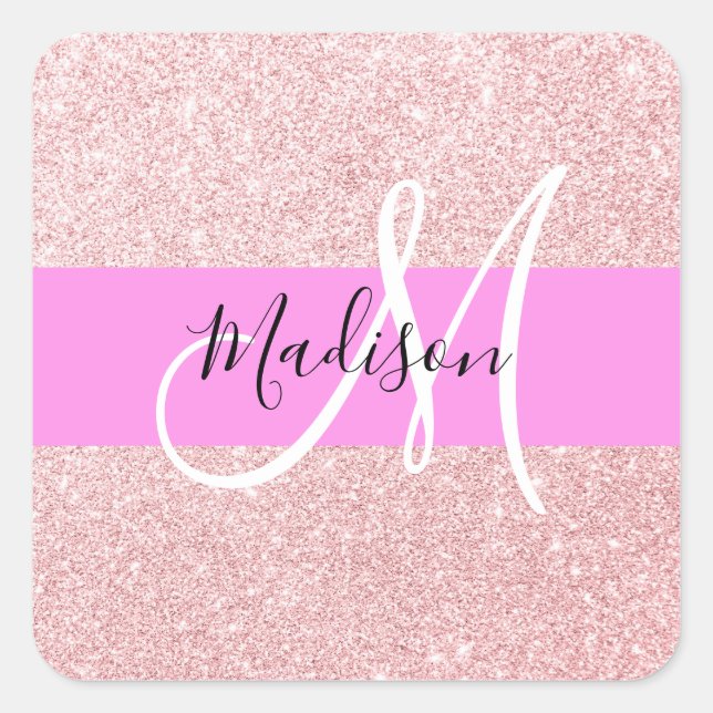 Glam Blush Pink Rose Gold Glitter Sparkle Monogram Square Sticker (Front)