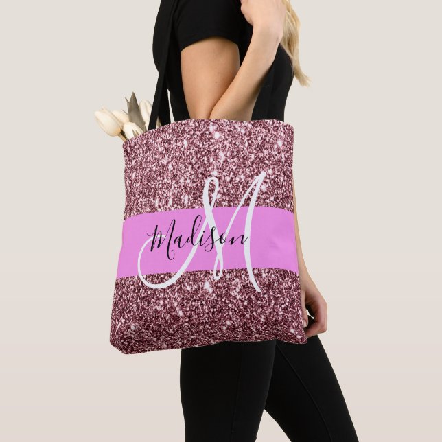 Glam Blush Pink Rose Gold Glitter Sparkle Monogram Tote Bag (Close Up)