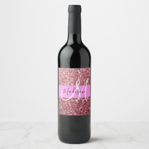 Glam Blush Pink Rose Gold Glitter Sparkle Monogram Wine Label