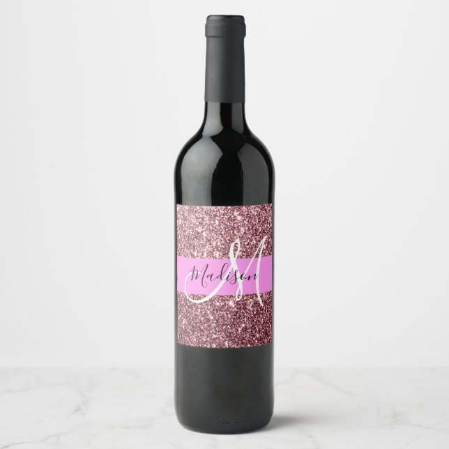 Glam Blush Pink Rose Gold Glitter Sparkle Monogram Wine Label (Front)