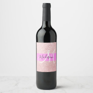 Glam Blush Pink Rose Gold Glitter Sparkle Monogram Wine Label