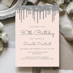 Glam Blush Pink Silver Glitter Drip 30th Birthday Invitation