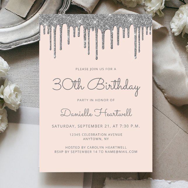 Glam Blush Pink Silver Glitter Drip 30th Birthday Invitation (Creator Uploaded)