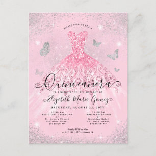 Glam Blush Pink Silver Glitter Gown Quinceanera Postcard