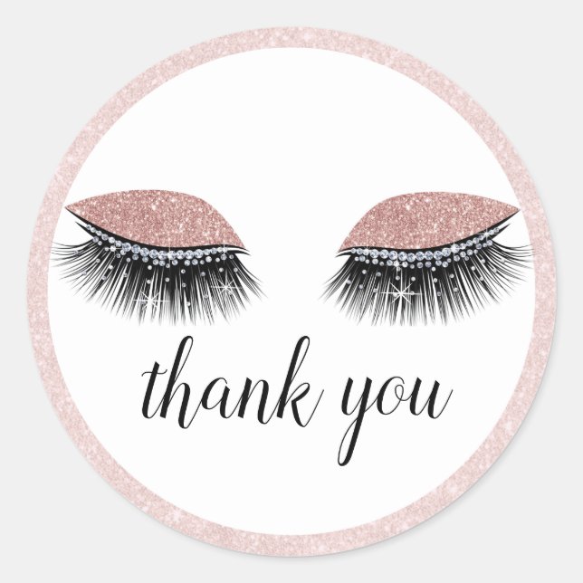 Glam Blush Rose Gold Eyelashes Thank You Classic Round Sticker (Front)