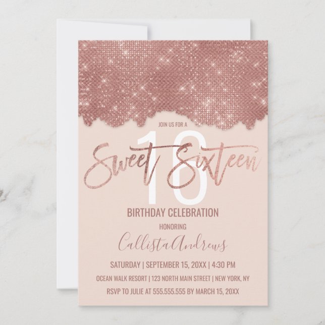 Glam Blush Rose Gold Glitter Colour Block Sweet 16 Invitation (Front)