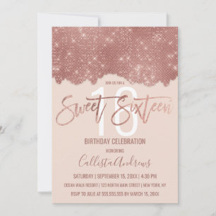 Glam Blush Rose Gold Glitter Colour Block Sweet 16 Invitation