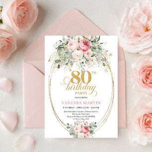 Glam Bohemian Blush Floral Gold 80th Birthday Invitation