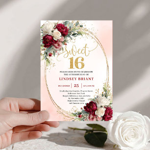 Glam Boho Burgundy Gold Floral Sweet Sixteen 16th Invitation