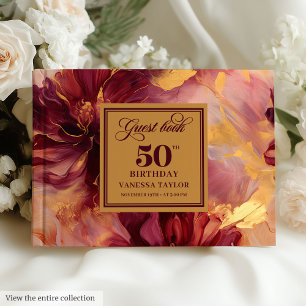 Glam Boho Dark Red Blush Gold Floral 50th Birthday Guest Book