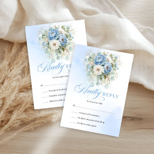 Glam Boho Light Blue Peony Gold Wedding RSVP Card