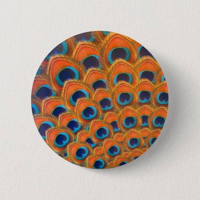 Glam Boho Orange Blue Peacock Feathers 6 Cm Round Badge (Front)