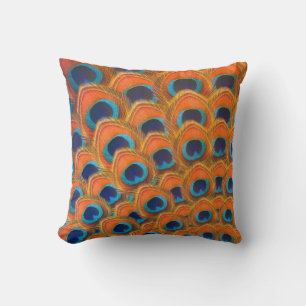 Glam Boho Orange Blue Peacock Feathers Cushion