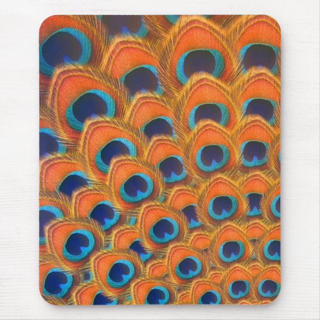 Glam Boho Orange Blue Peacock Feathers Mouse Pad (Front)