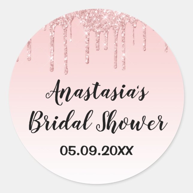 Glam Bridal Shower Pink Rose Gold Glitter Drips Classic Round Sticker (Front)