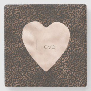 Glam Brown Black Leopard Print Heart Stone Coaster