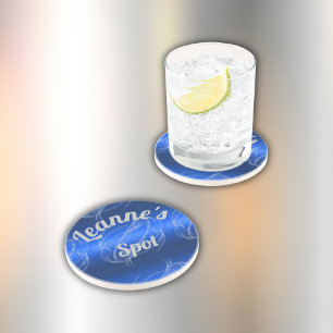 Glam Brushed Metal and Glitter Blue Monogram Coaster