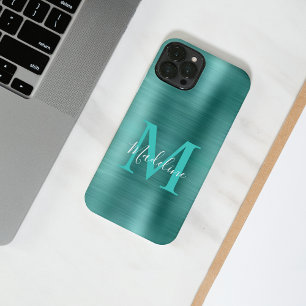 Glam Brushed Metallic Teal Elegant Script Monogram iPhone 14 Case