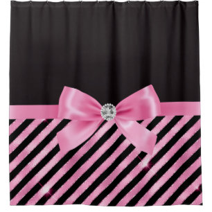 Glam Bubble Pink Bow-Black Pink-Candy Stripes Shower Curtain