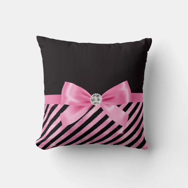 Glam Bubble Pink Bow-Pink Black-Candy Stripes Cushion (Front)