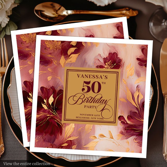 Glam Burgundy Blush Gold Floral 50th Birthday   Napkin (Glam Burgundy Blush Gold Floral 50th Birthday Paper Dinner Napkins)