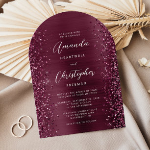 Glam Burgundy Brushed Metal Glitter Arch Wedding Invitation