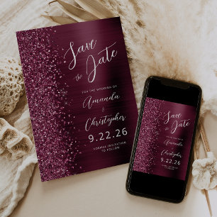 Glam Burgundy Brushed Metal Script Save the Date Announcement