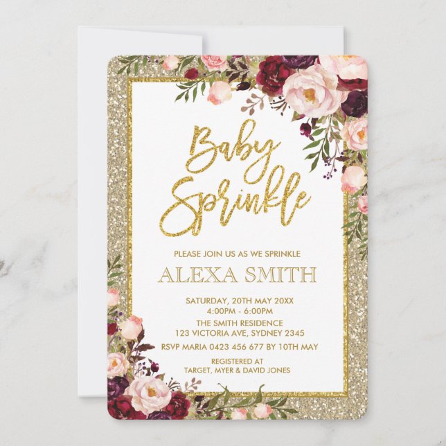 Glam Burgundy Floral Pink Roses Baby Shower Invite (Front)