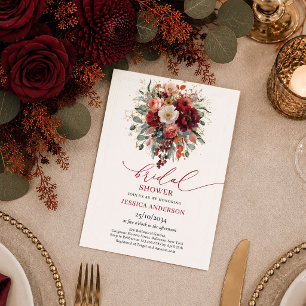 Glam Burgundy Gold Floral deep red bridal shower i Invitation