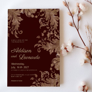 Glam burgundy gold floral luxury lace Wedding  Invitation