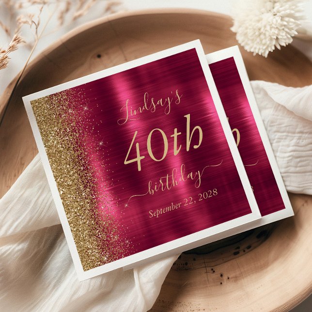 Glam Burgundy Gold Glitter 40th Birthday Party Napkin (Creator Uploaded)