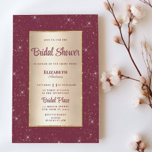 Glam burgundy gold glitter confetti Bridal Shower Invitation