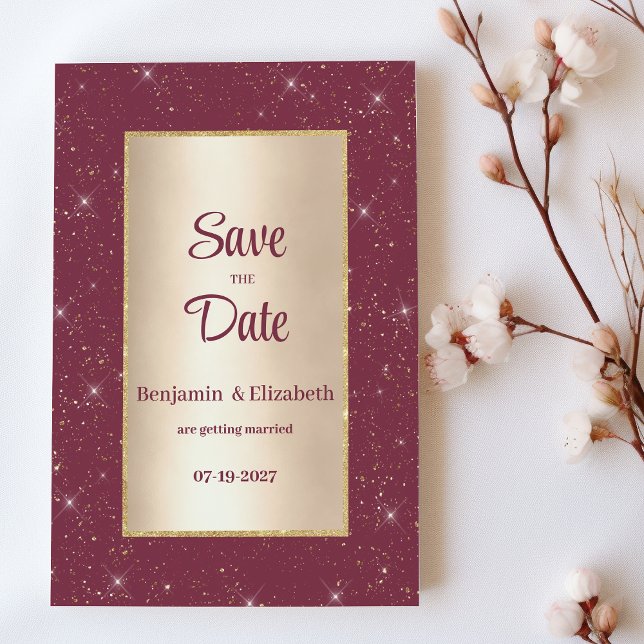 Glam burgundy gold glitter confetti Save the Date  Invitation (Glam burgundy gold glitter confetti Save the Date)