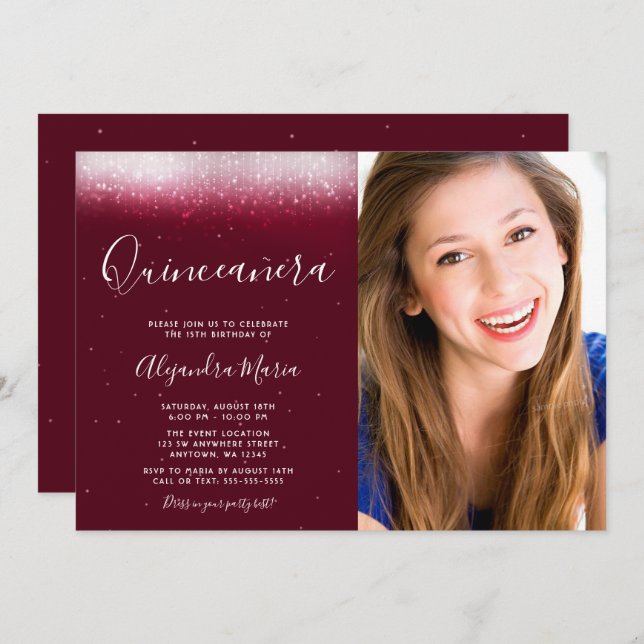 Glam Burgundy Quinceanera Photo Invitation (Front/Back)
