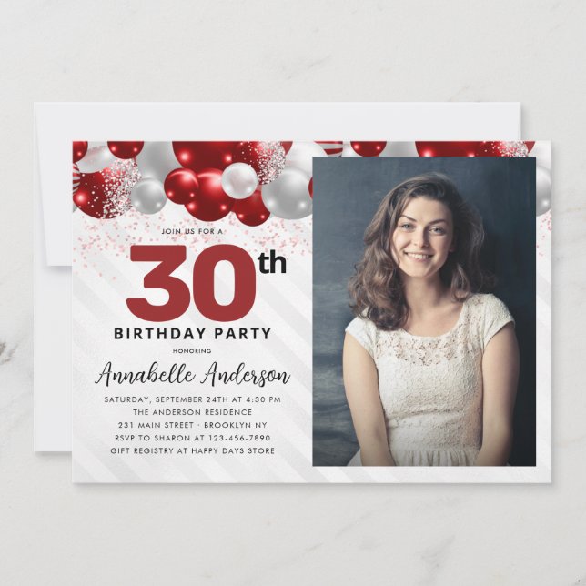 Glam Burgundy Red Balloon Glitter Photo Birthday Invitation (Front)