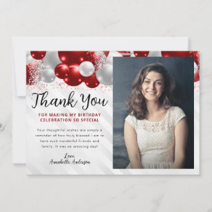 Glam Burgundy Red Balloon Glitter Photo Birthday Thank You Card