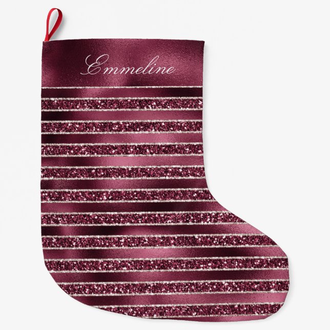 Glam Burgundy Red Glitter Stripes       Large Christmas Stocking (Front)