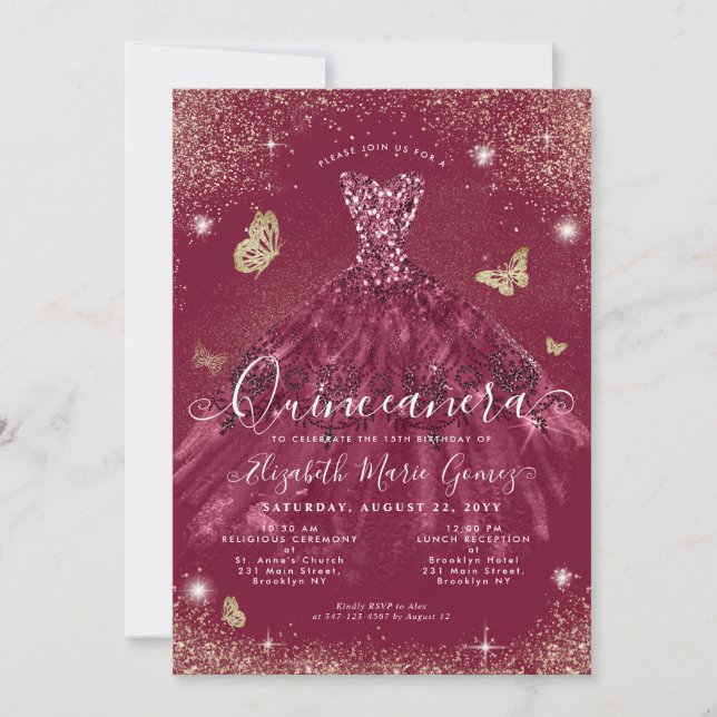 Glam Burgundy Red Gold Glitter Gown Quinceanera Invitation (Front)