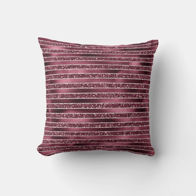 Glam Burgundy Red Rose Blush Glitter Stripes     Cushion (Front)