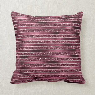 Glam Burgundy Red Rose Blush Glitter Stripes Cushion