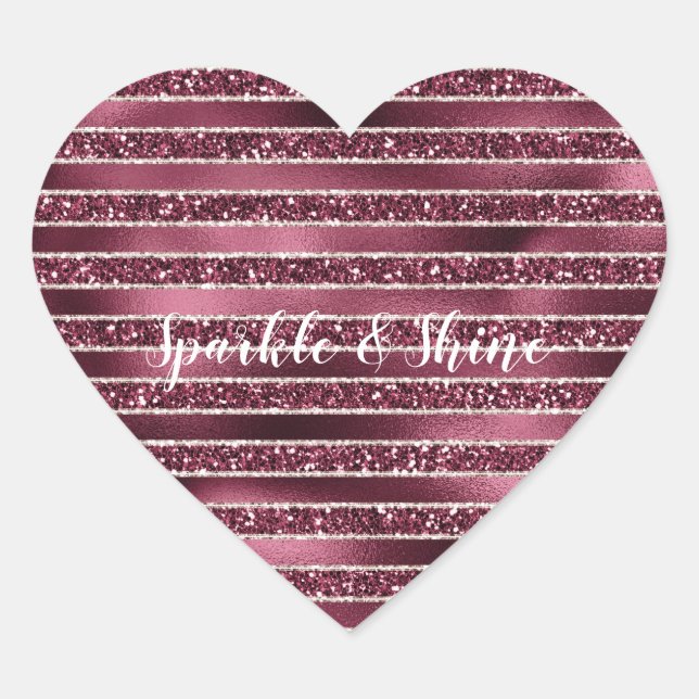 Glam Burgundy Red Rose Blush Glitter Stripes    Heart Sticker (Front)