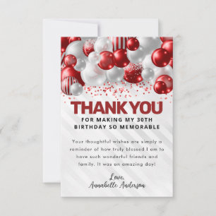 Glam Burgundy Red Silver Balloon Glitter Birthday Thank You Card
