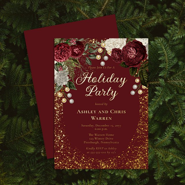 Glam Burgundy Rose Floral Christmas Holiday Party (Creator Uploaded)